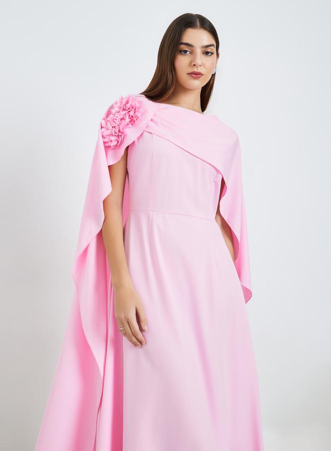 Styli Women Pink Floral Detail Cape Detail Midi Dress - Image 2